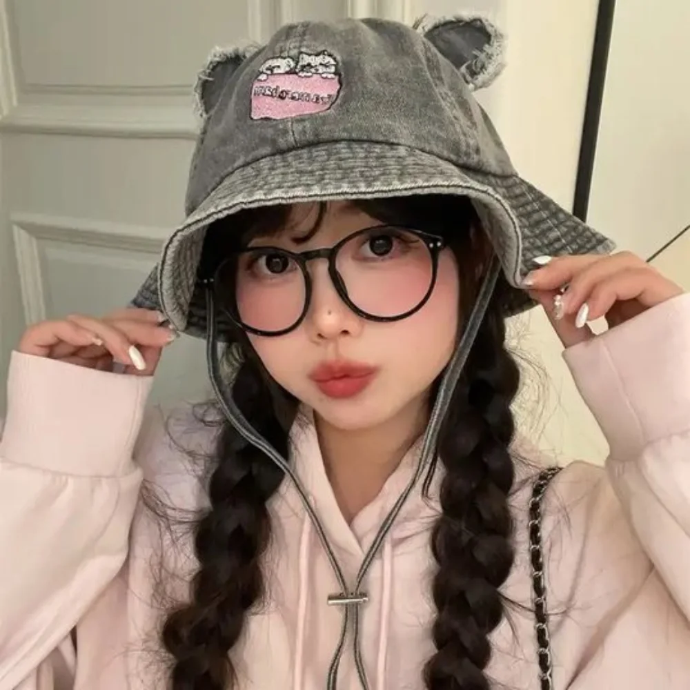 

UV Protection Bear Ears Hiking Fisherman Hat Wide Brim Sunscreen Sun Denim Hat Embroidery Retro Lace-up Bucket Cap Travel