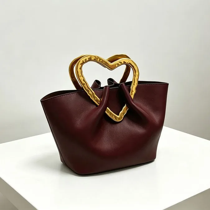 Burgundy Soft Leather Exquisite Tote Bag Retro Pleated Wavy Pattern Gold Love Handle Gentle Dinner Bag