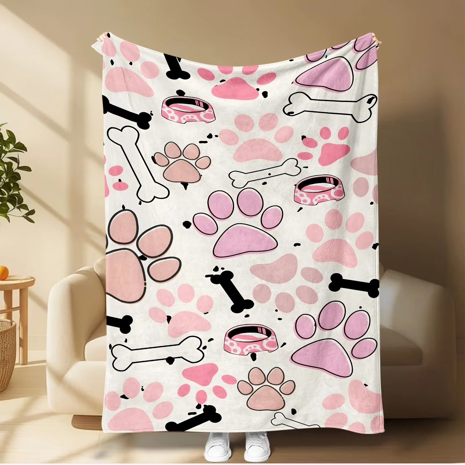 Cute Pink Dog Paw Bone Pet Collar Print Flannel Throw Blanket Soft Sweet Cartoon Sofa Bedroom Lovely Pet Art Home Decor Present
