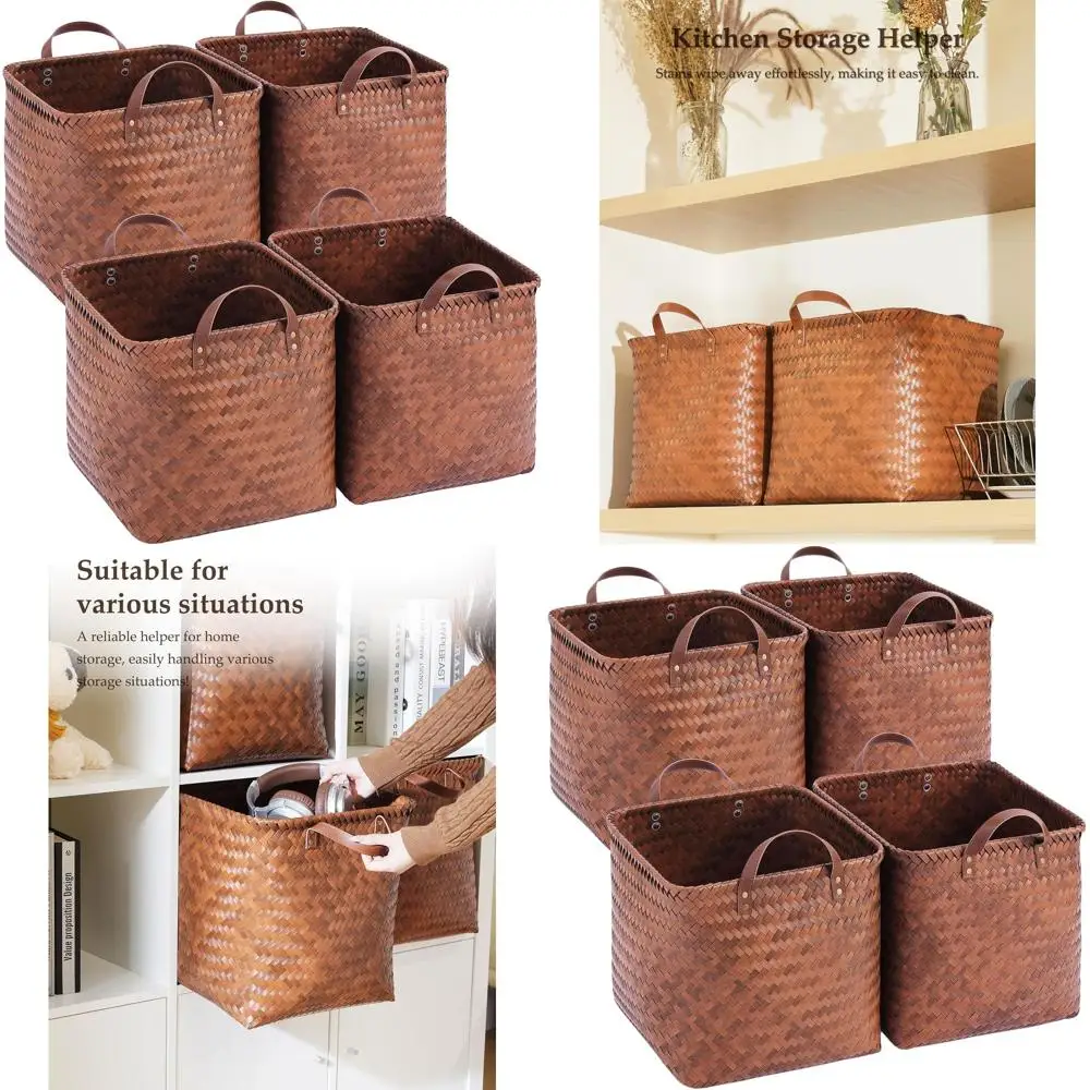 

Set of 4 Brown Wicker Laundry Baskets, 13x13x13 Storage Hampers for Blankets, Clothes, and Shelves
