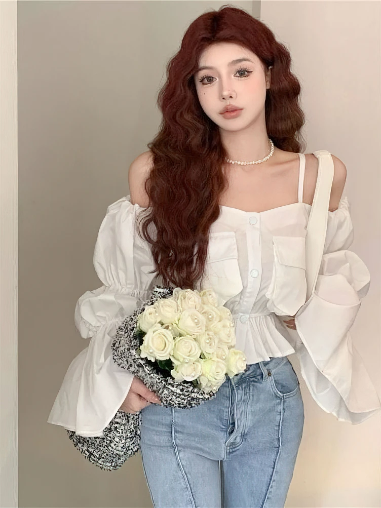 Low Cut Off shoulder Youth Elegant Blouse Women Designer Sweet Puff sleeve Crop Top Ruffles Korean Pocket Button Short Shirts