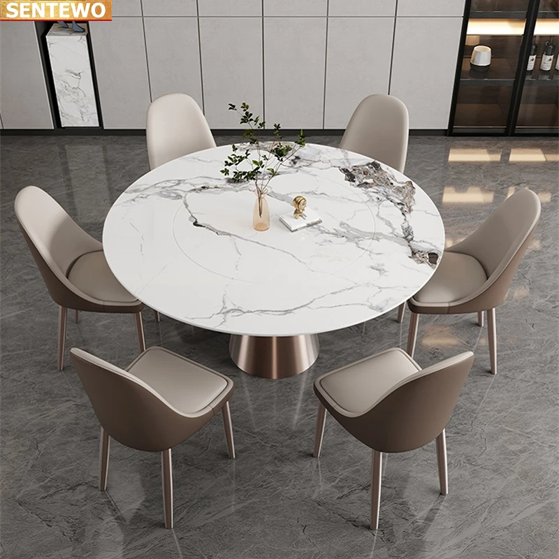 Designer Luxury round dinner Marble Rock Slab dining table set 8 chairs tavolo pranzo furniture marbre Stainless steel gold base