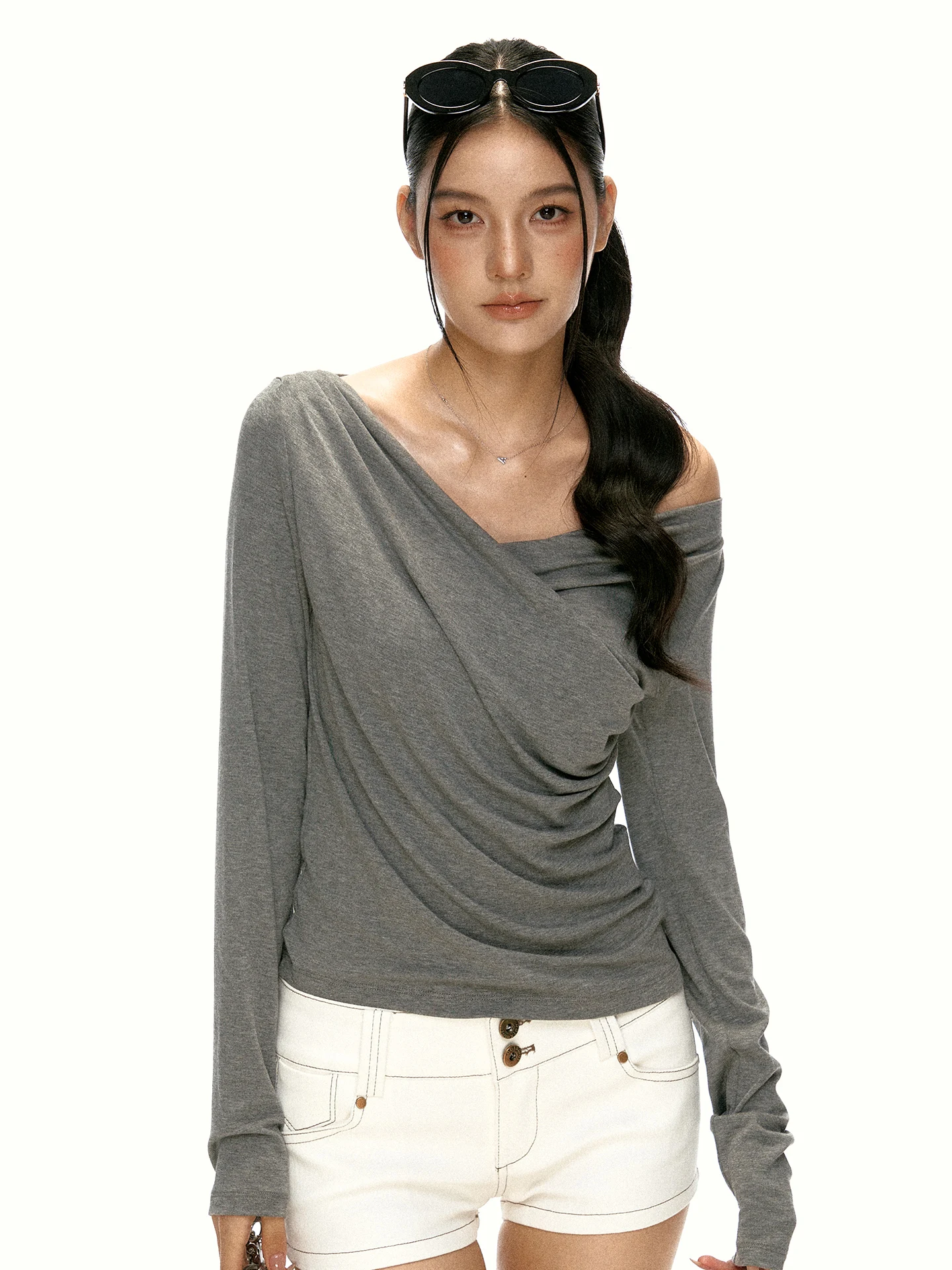 Gray Asymmetric Slim Fit Long Sleeve T-Shirt Women's Initial Autumn Design Sense Pleated Base Layer Hot Girl Top