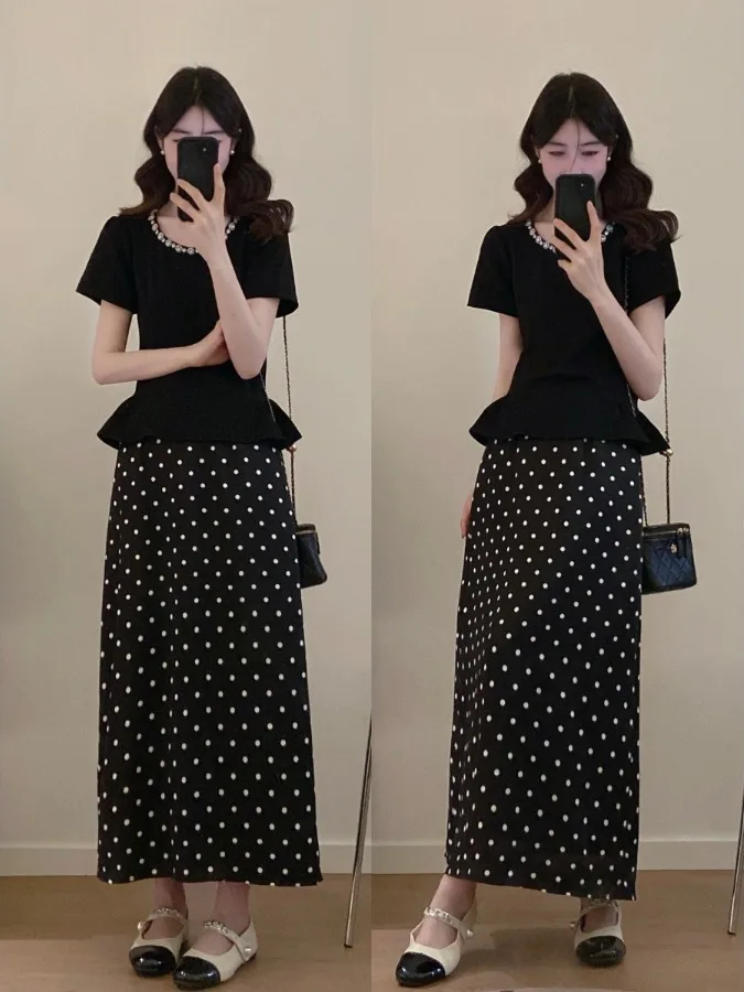 

Slimming Effect Heavy Embellished Ruffle Hem Large Size Conceal Meat Show Thin Top Polka Dot Half Skirt Two Piece Set