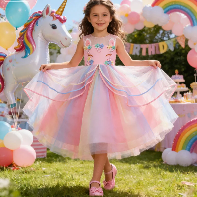 Kids Long Tail Unicorn Dress Girls Birthday Party Dress Princess Carnival Costume Pastel Rainbow Gown Stage Performance Dress