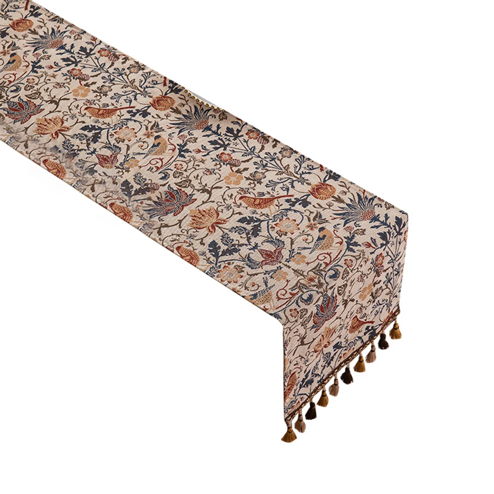 Jacquard-Woven Table Showcasing Botanical Florals and Avian Details Polyester Cotton Blend for Kitchen or Dining Room
