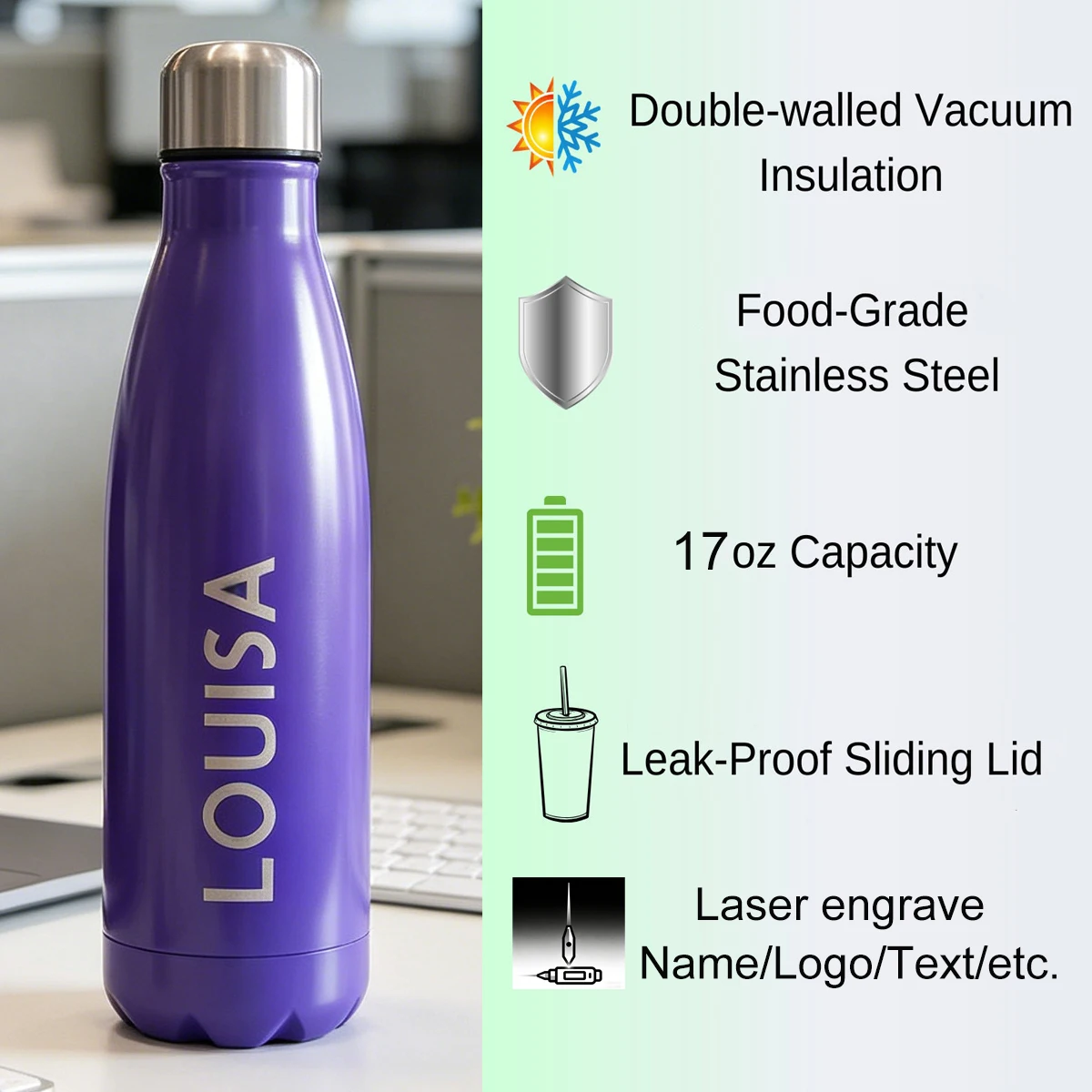 Personalized 17oz Water Bottles Laser Engraved for Sports Outdoor Running Cycling Hiking Camping – Great Gift for Friends, Kids