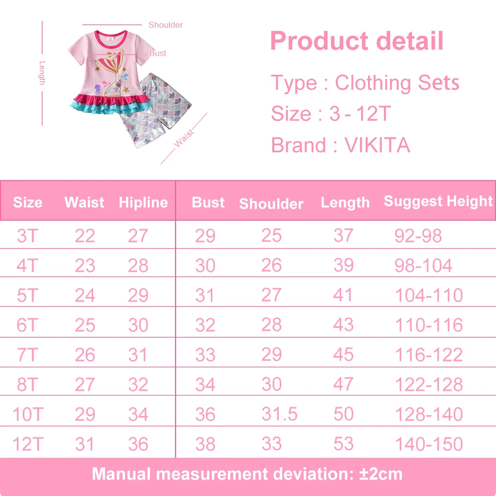 Mädchen Meerjungfrauen-Outfit-Set: Kinder Rüschen-Kurzarm-Baumwoll-Freizeit-Tops und Polyester-Shorts, 2-teiliges Set – Detail 1