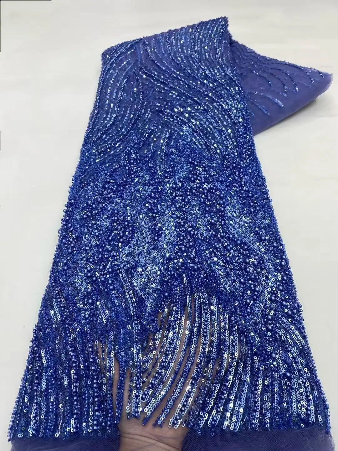 

Luxury African Nigerian Groom Sequins Beads Lace Fabric 2025 Sky Blue High Quality French Tulle Lace Fabric For Bridal Dress