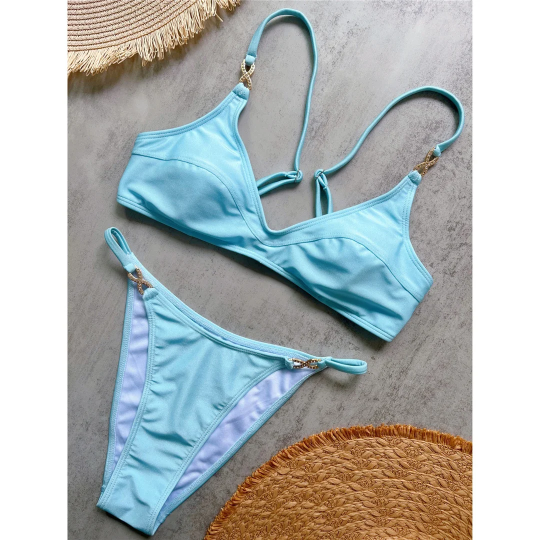 10 Farben, V-Ausschnitt, mit Strasssteinen verzierter Bikini, Damen-Badeanzug, zweiteiliges Bikini-Set, gepolsterter Badeanzug, Badebekleidung, Modell V8138. – Detail 8