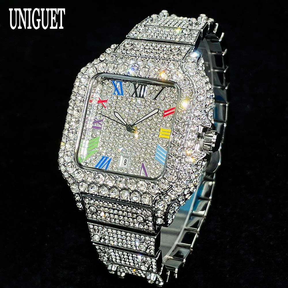 

Мужские часы UNIGUET Big Diamond: роскошные, с цветными римскими цифрами, в стиле хип-хоп, ювелирные, блестящие, квадратные наручные часы, дропшиппинг