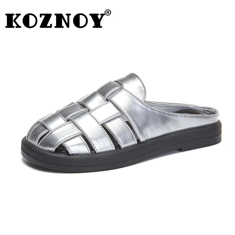 Koznoy 2.3cm Women Weave PU Microfiber Leather Hollow Fashion Sandals Slippers Flats Platform Wedge Slip on Rubber Shoes