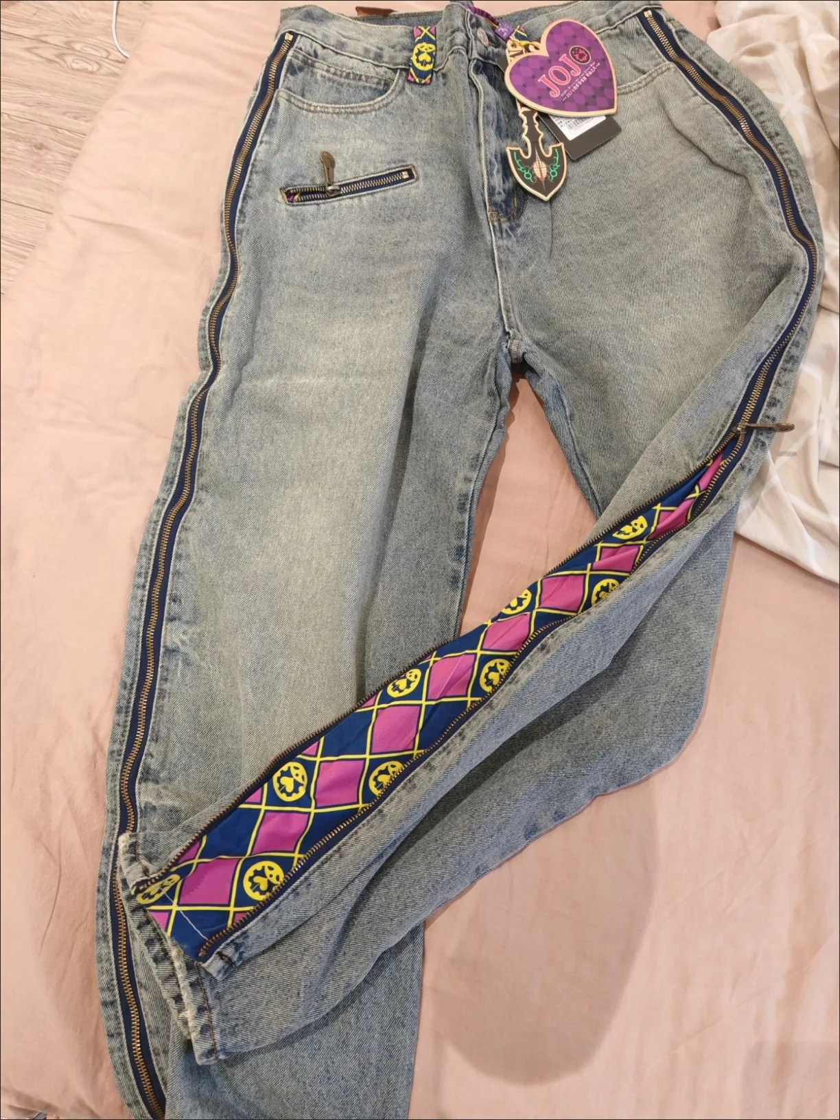 Detachable Printed Jeans Purple Gold Patchwork Straight Leg Jeans Smiley Anime Zipper Splicing Men's Women's High Waist Wide Leg