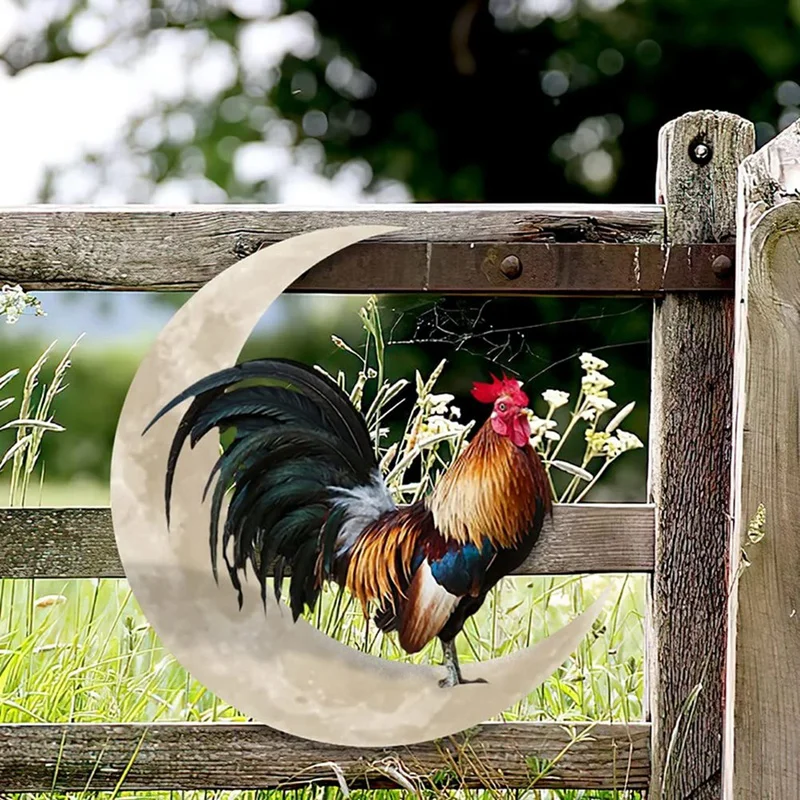 Metal Wall Hanging Sign Rooster Moon Wall Decor Wall Unique Arts for Farmhouse Home Garden Decor 35x35cm