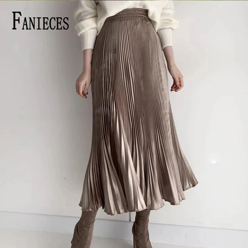 FANIECES 20 Colors Solid Velvet Plested Women Skirt Elegant Mermaid Hem Party Female Long Skirt Autumn Fashion Streetwear saia