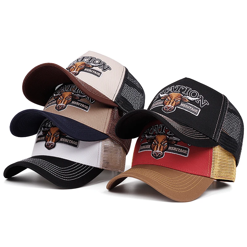 Summer Outdoor Trucker Hats - Bull Embroidery & Sun - Protective Mesh