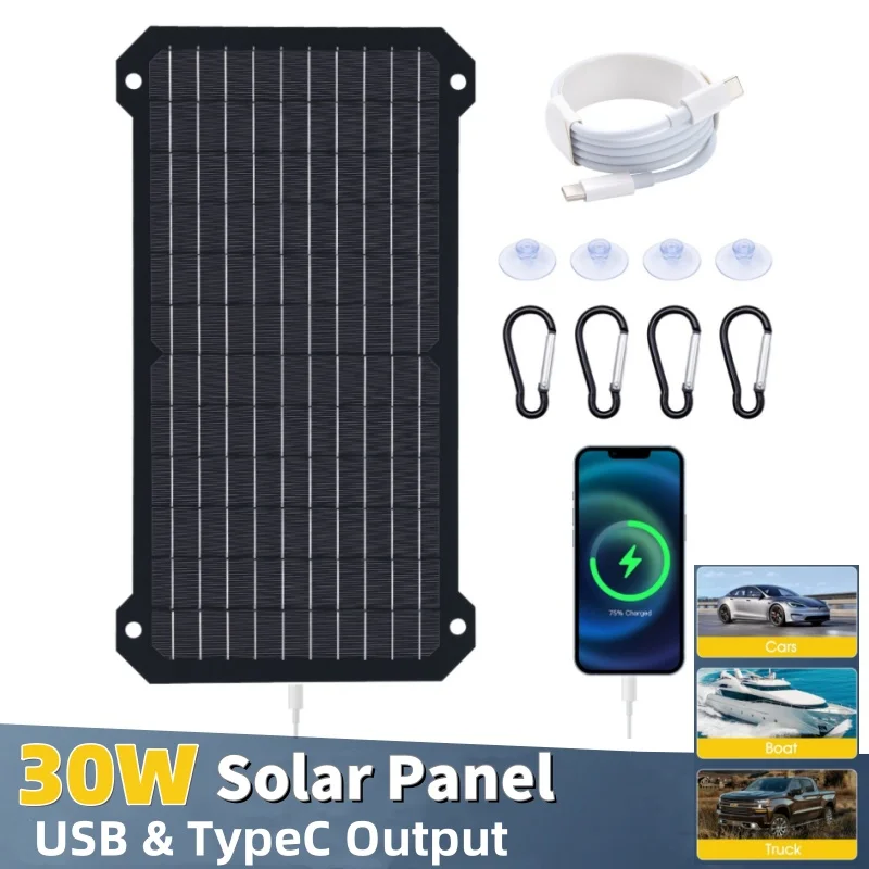 

30W Portable Solar Panel Type-C/USB Output Monocrystalline Solar Charging Panel for Camping Mobile Phone Tablet Camera