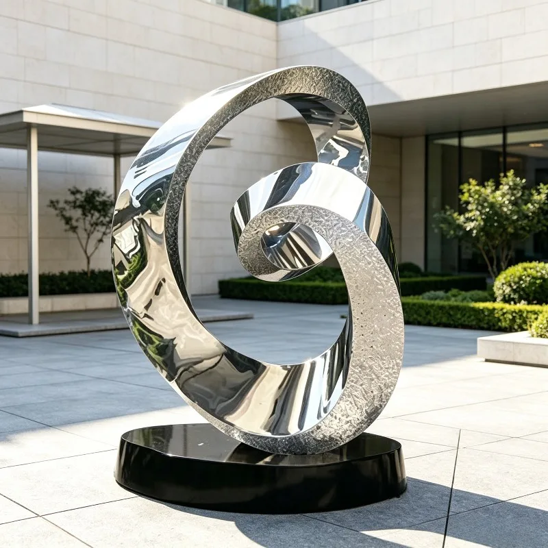 Intertwined Double Ring Stainless Steel Mirror Sculpture Custom Modern Abstract Metal Statue For Outdoor Garden Landscape