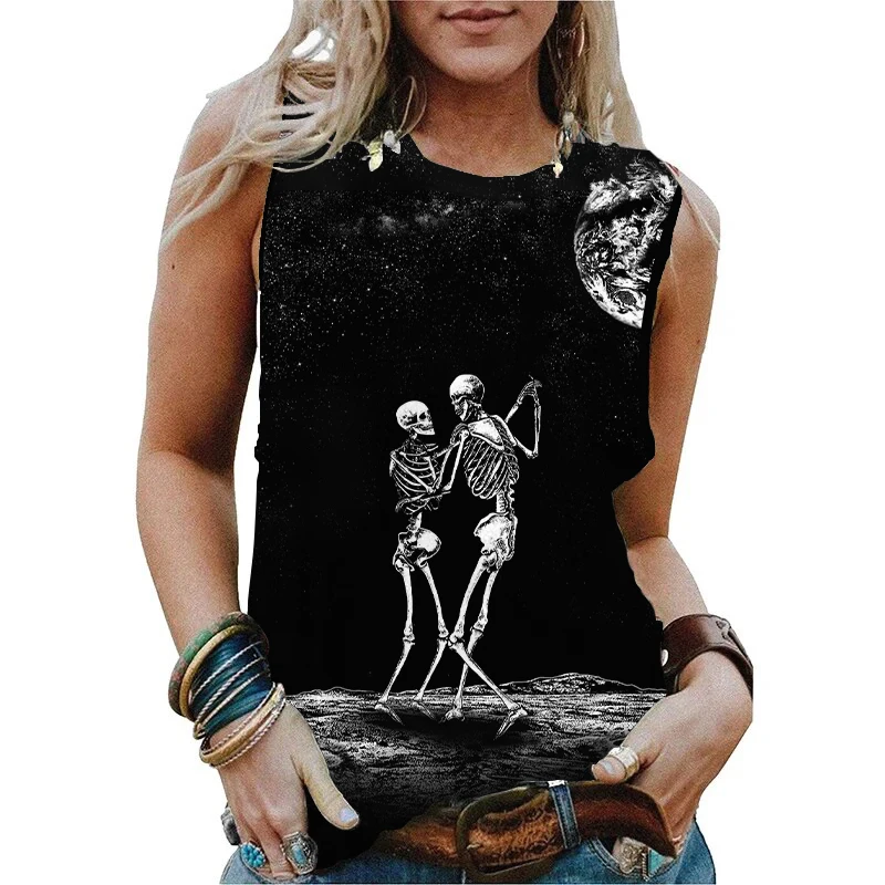 Summer Skull Moonlight 3D Print Tank Tops Women Fashion Streetwear Oversized O-Neck Vest Off Shoulder Sleeveless Woman Camisole