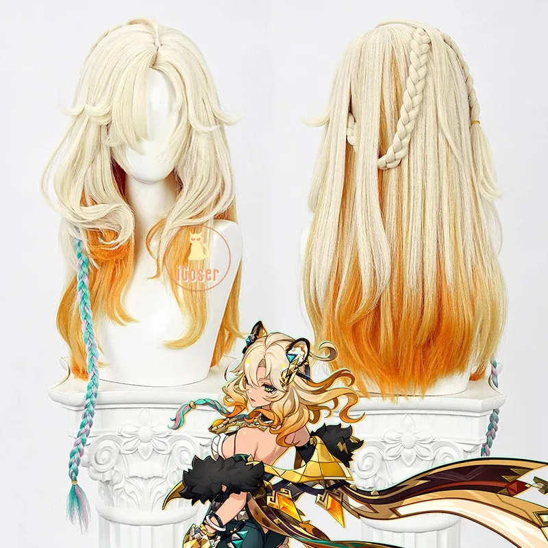 Parrucca cosplay iCoser Xilonen Genshin Impact Biondo chiaro Capelli arancioni Rosa Blu Treccia Natlan Festa di Halloween per donne Ragazze Puntelli