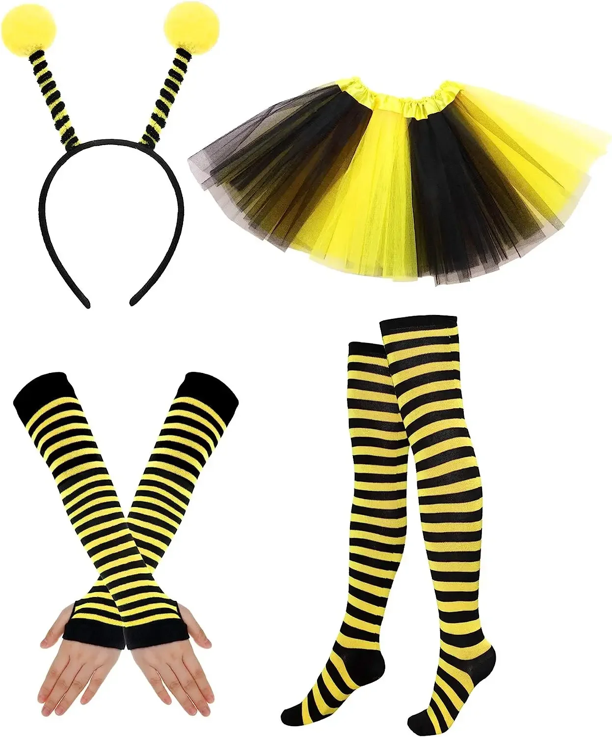 Kids Adult Family Bee Bopper Antenna Headband Tutu Skirt Bee Striped Leg Warmers Knee Stocking and Gloves for Cosplay Party