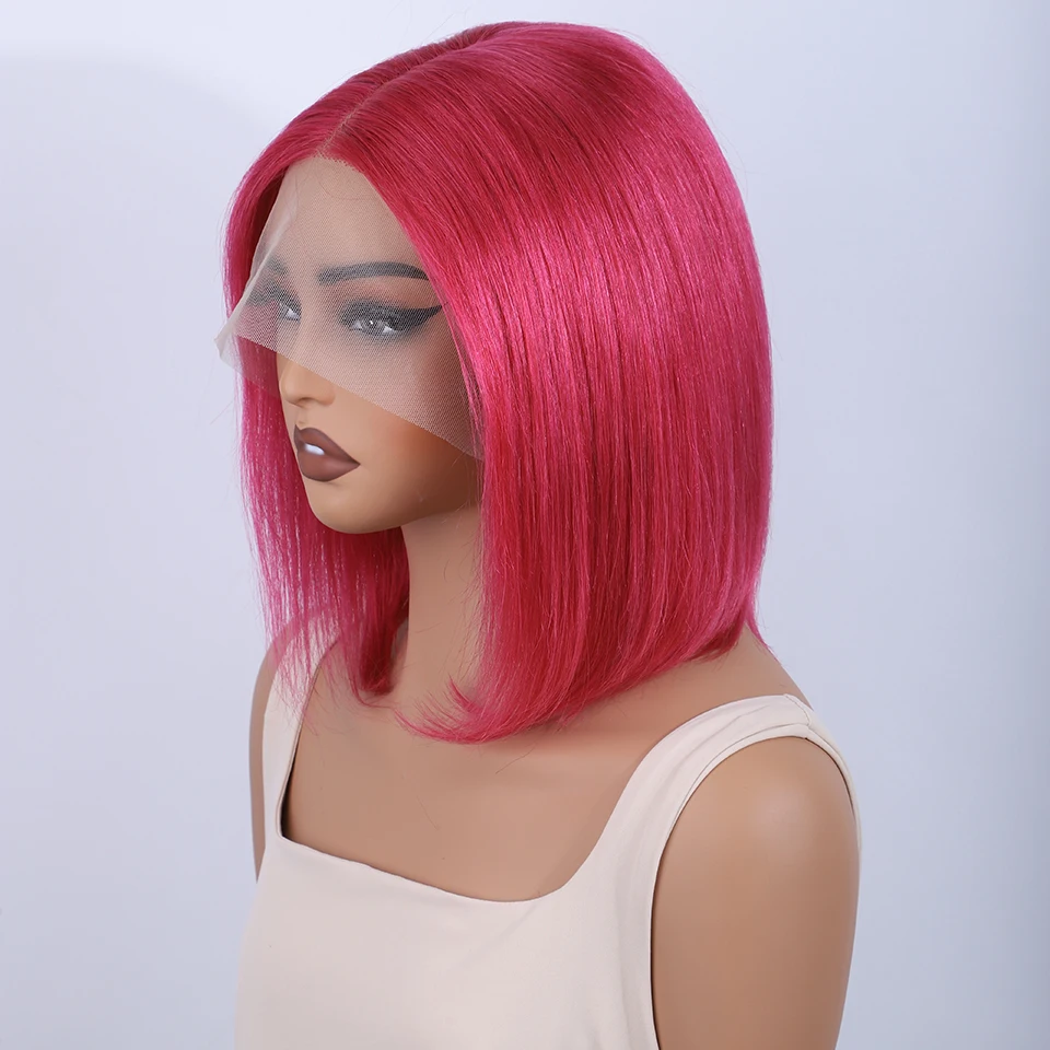 Lekker Red Pink 100% Human Hair Wigs Long Pixie Cut Straight Bob Middle Part La… - Image 3