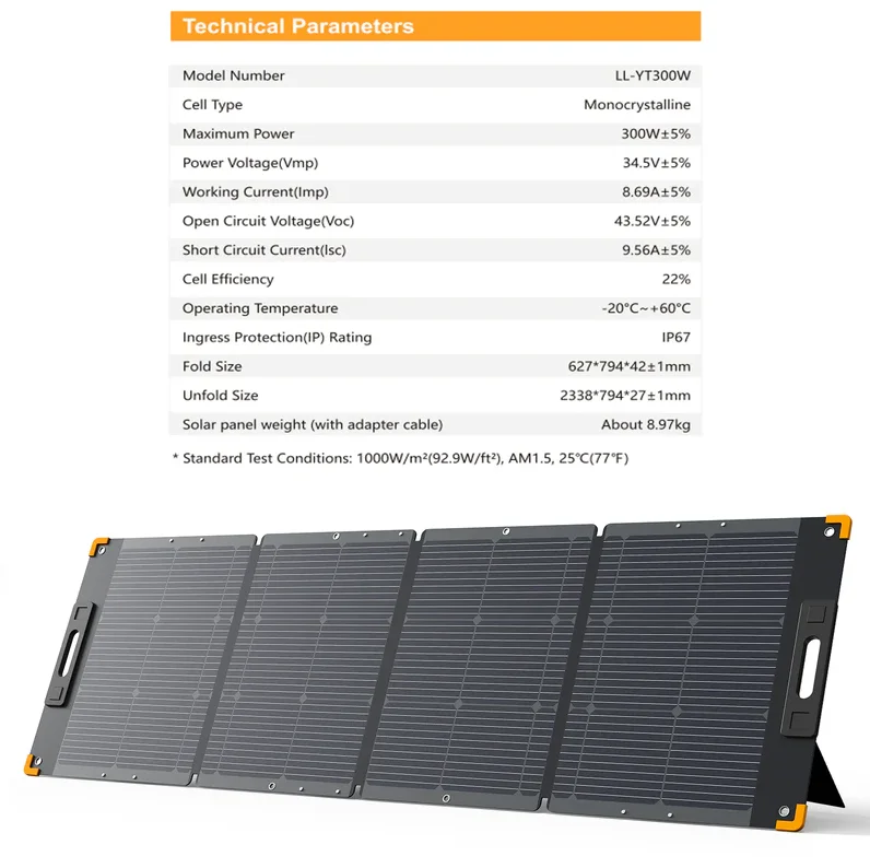 PV300 300W Flexible Foldable Monocrystalline Silicon 23% Efficiency IP54 Waterproof Solar Panel
