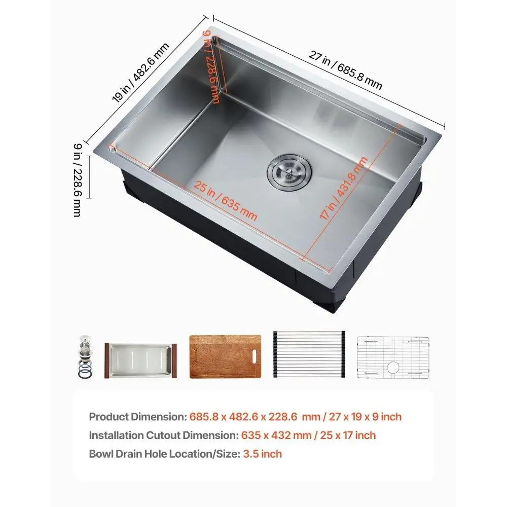 27 Inch Stainless Steel Undermount Single Bowl Kitchen Sink Drop-In Bar Basin Durable Design
