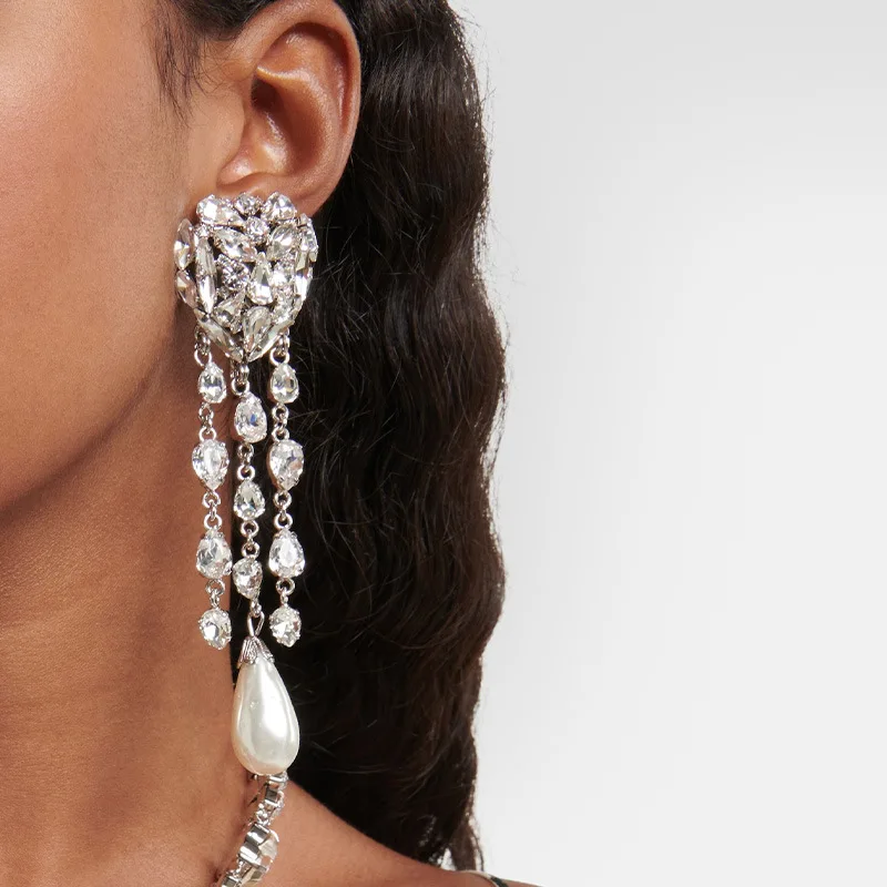 

Elegant Heart Rhinestone Clip on Earrings Cuff No Piercing for Women Statement Pearl Pendant Crystal Drop Earrings Bride Jewelry