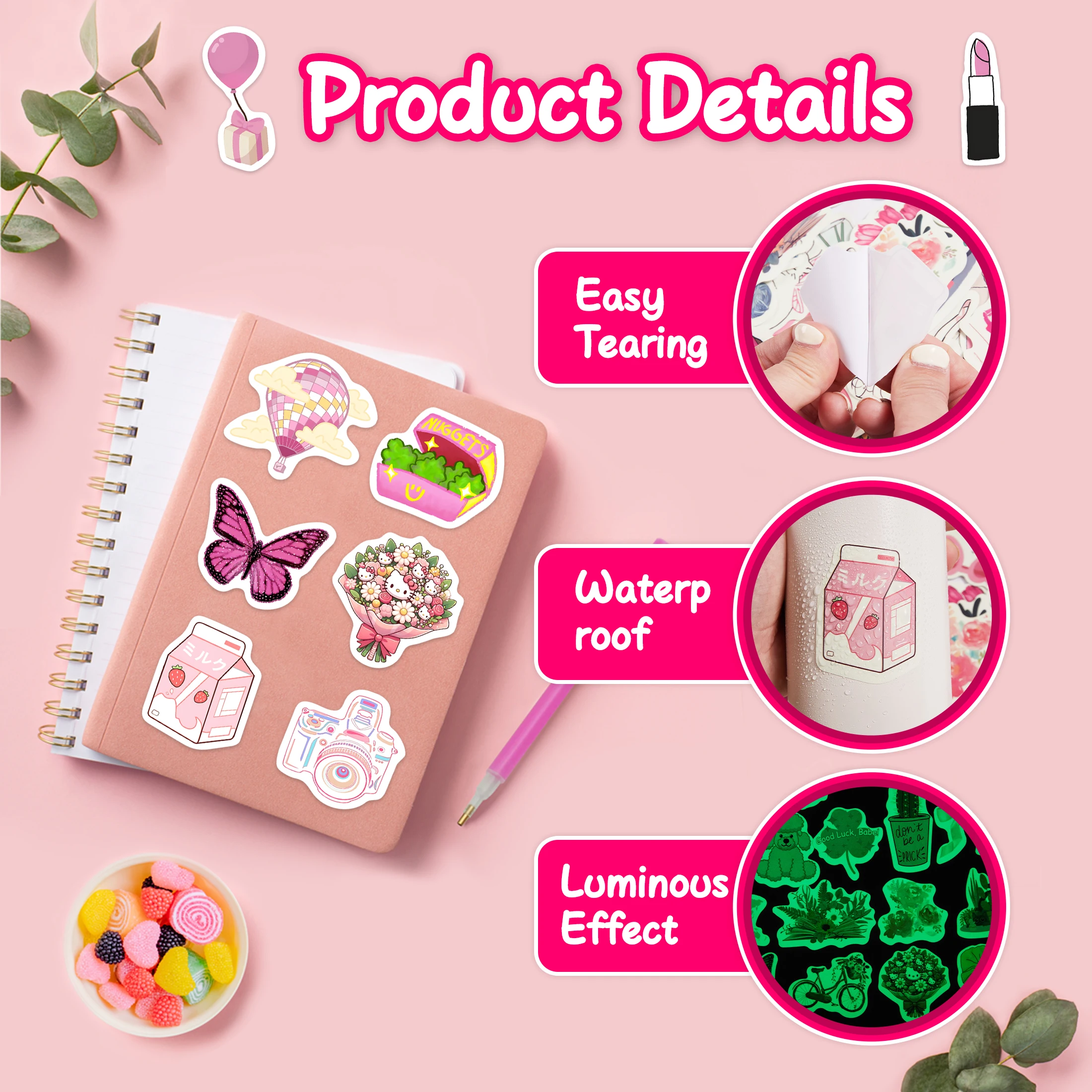 素敵なパターンのダークステッカーで光る、防水ビニールデカール、子供向けのDIYギフト、本、スケートボード、電話の装飾、ピンク、50個