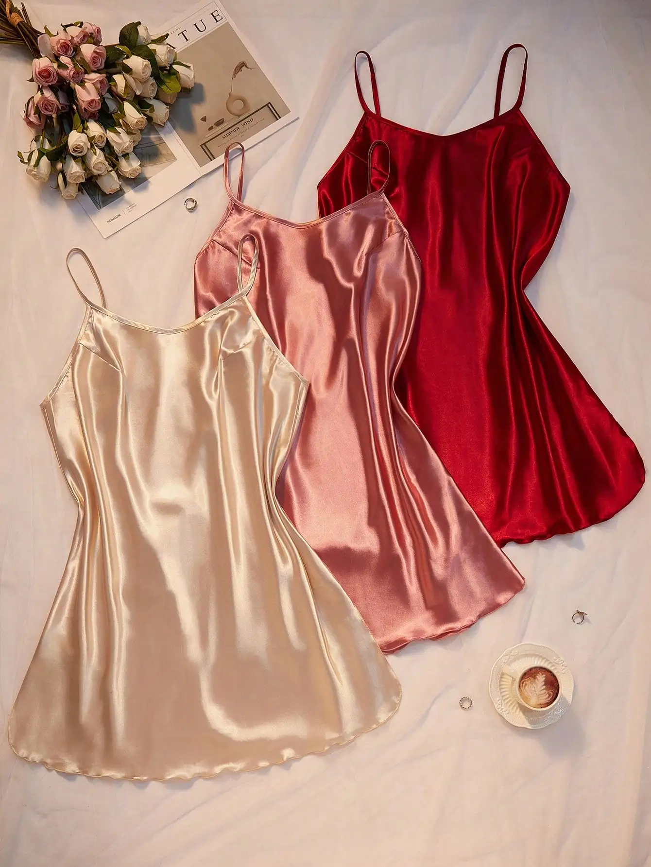 

3pcs Women's Faux Silk Slip Dress Set with Side Slit, Plus Size Sleepwear in Gold Pink Red