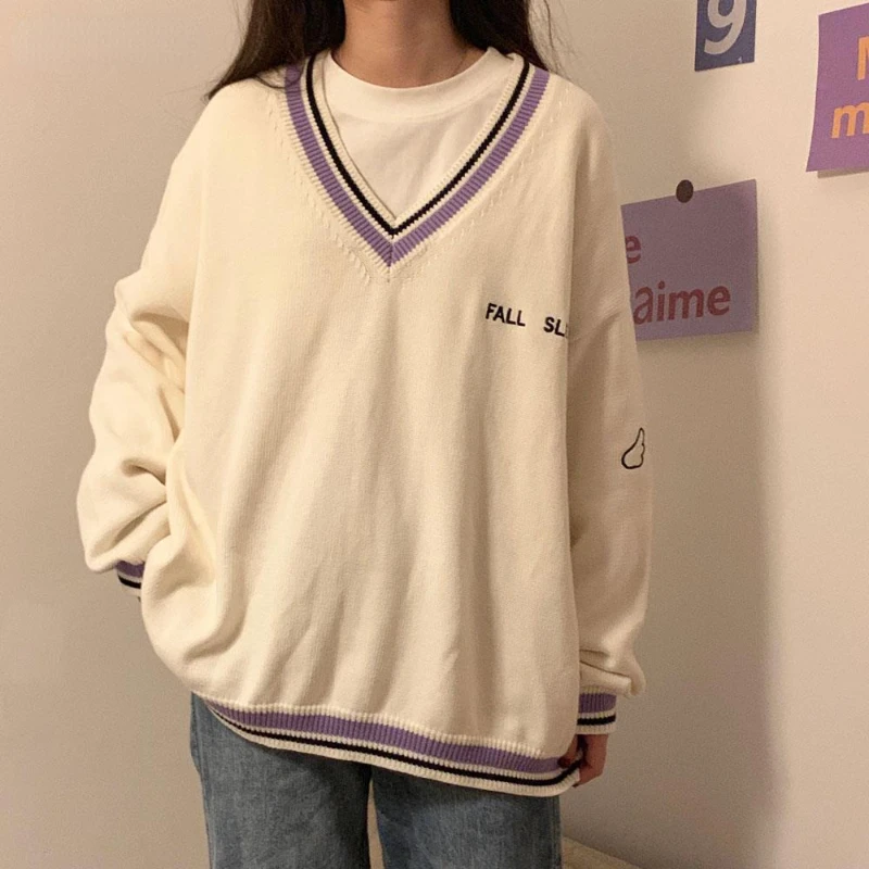 

Sweaters Women Ulzzang Letter Chic Vintage V-neck Daily Preppy Girls Knitwear Fall Casual All-match Ins Long Sleeve Clothes Y2k