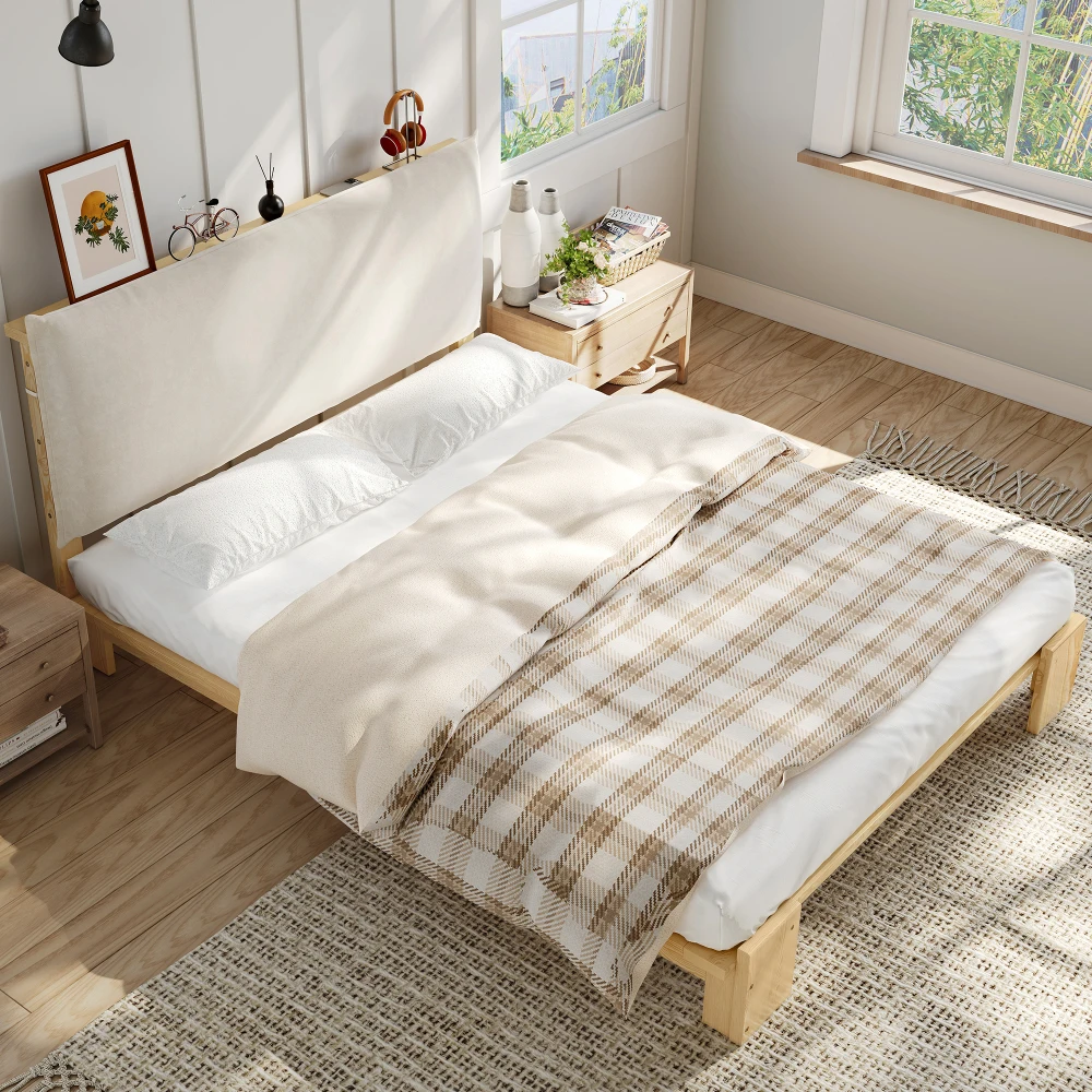 PINGGO Samtbezogenes Einzelbett für Kinder, weiche Rückenlehne, stabile Lattenbasis, breite Beine, Kiefer, Schwamm, Sperrholz, 140 x 200 cm, ohne Matratze – Detail 5