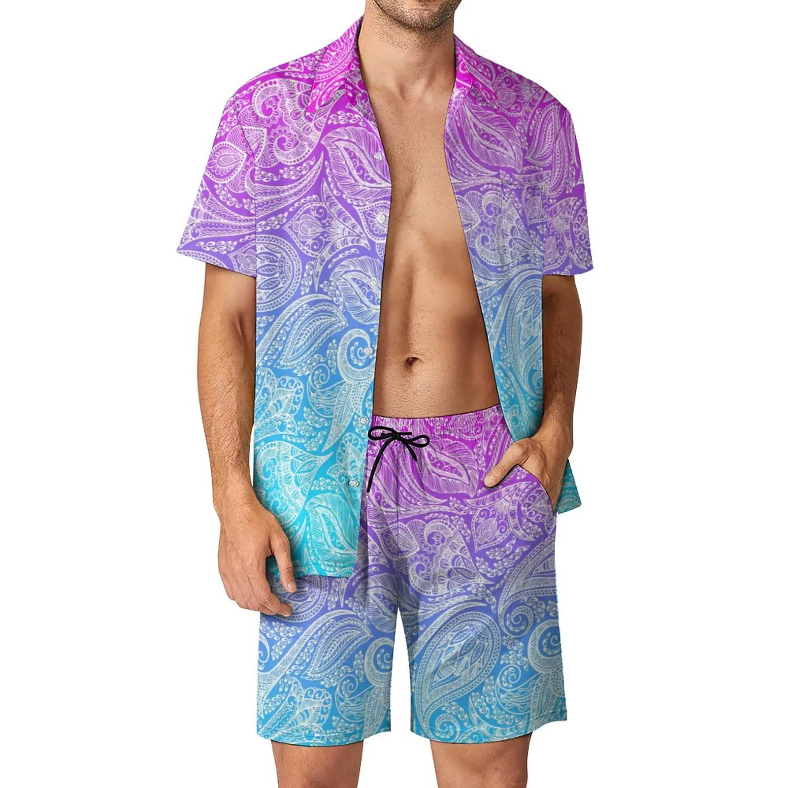 Ombre Print Men Sets Neon Orange Pink Casual Shorts Vacation Hawaiian Shirt Set Summer Hawaii Design Suit Short Sleeve Clothing