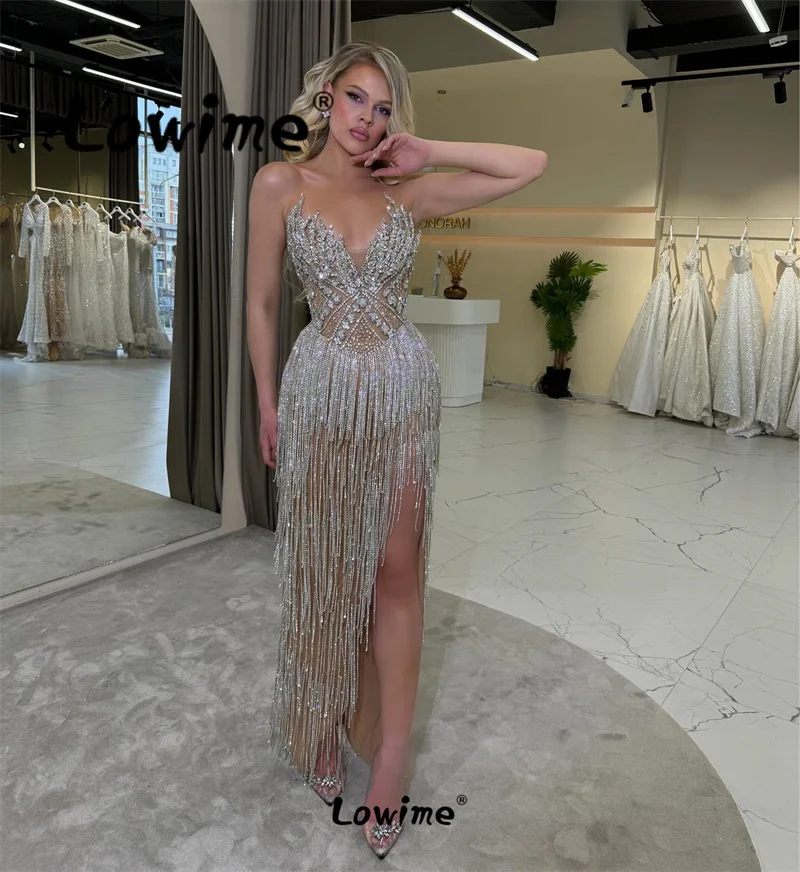 2024 Heavy Silver Crystals Tassels Luxury Evening Dresses Sweetheart Party Second Reception Birthday Engagement Gowns Side Split