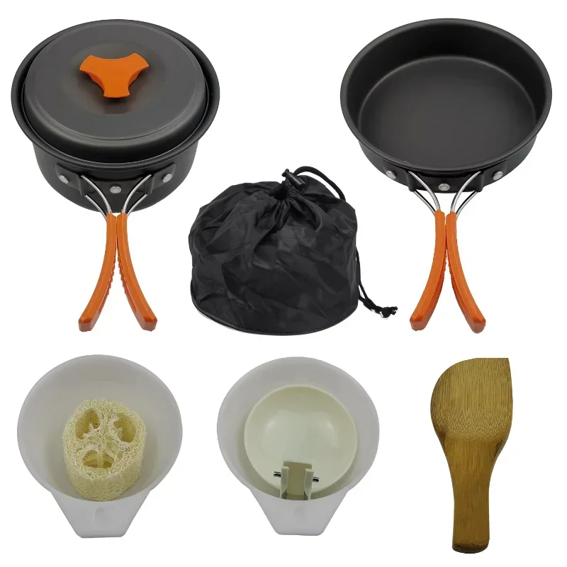 

2024 Outdoor Pot Mini Gas Stove Sets Camping Hiking Cookware Picnic Cooking Set Non-stick Bowls With Foldable Spoon Fork Knife