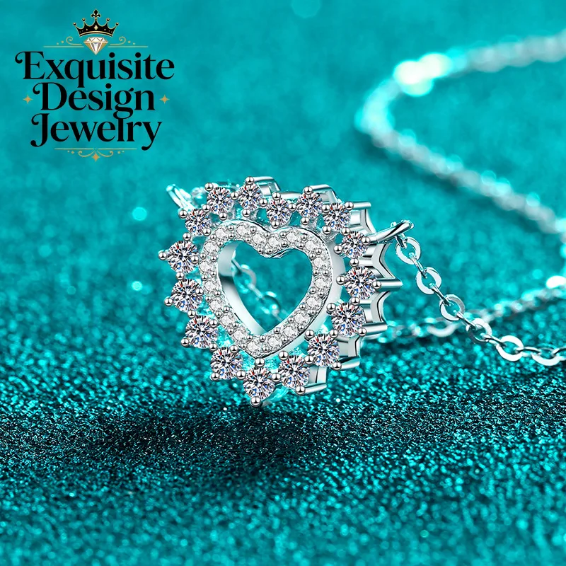 Exquisite Platinum PT950 Unique All Moissanite Necklace, Heart Hollow Inlaid Diamond Pendant Personalized Clavicle Chain