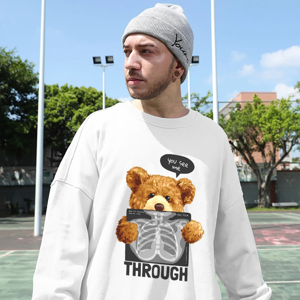 Please Look At Me Through The X-Ray Film Teddy Bear Mans Hoodie Cartoons Cute Long Sleeves Street Hip Hop Men Cotton Sweatshirts