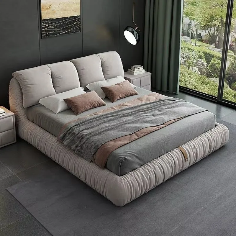 Modern Light Luxury Large Double Bed, Soft Flannel Padding Adjustable Eco Bed with Durable Solid Teak Wood Frame
