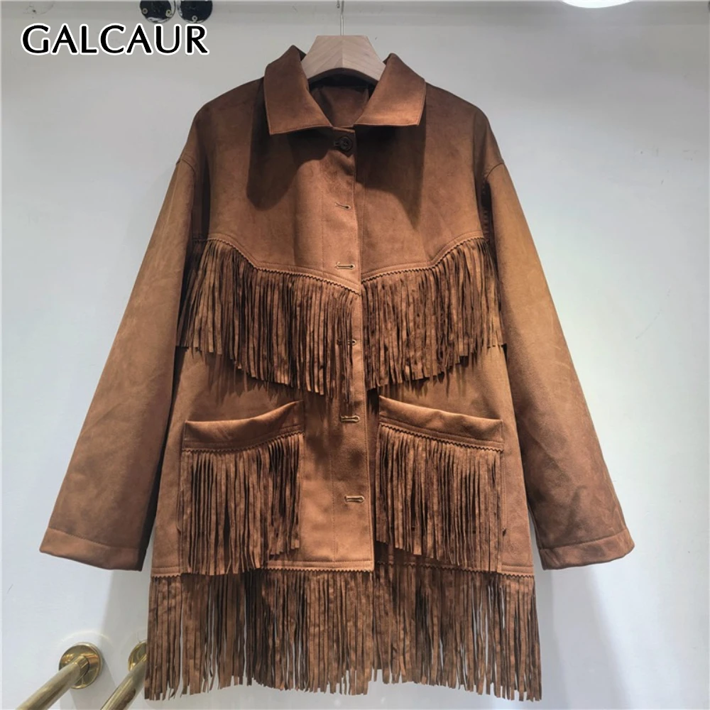 

GALCAUR коричневая шикарная куртка с кисточками, женская свободная куртка с лацканами и длинными рукавами, винтажный дизайн, женские куртки, осенний стиль, модная новинка