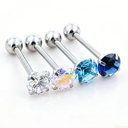 Starbeauty 2Pcs 1.6x16mm Barbell Tongue Piercing Langue 7mm Round Zircon Inlaid Stainless Steel Tongue Rings Body Jewelry