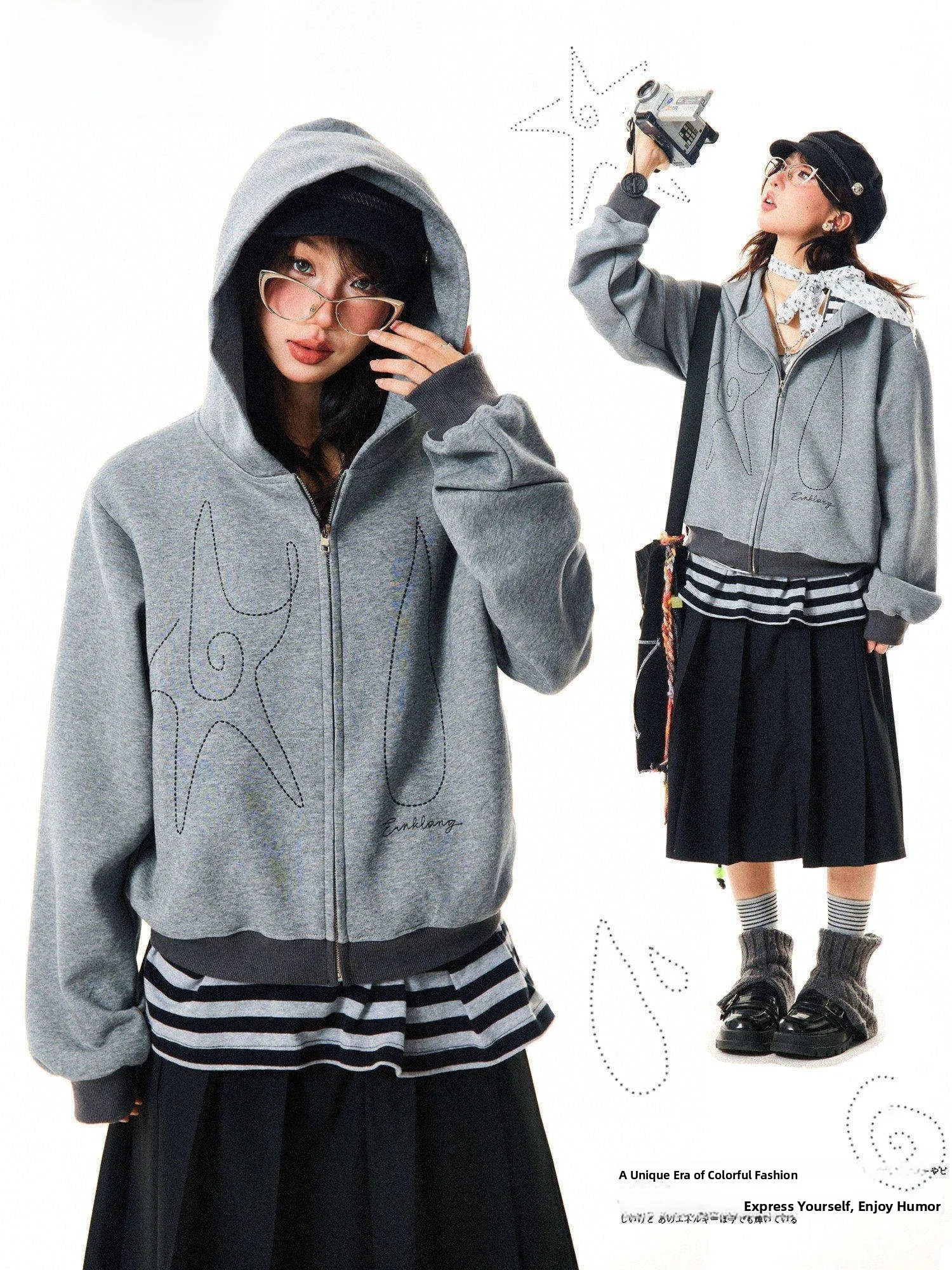 Retro American Hand-sewn Air Layer Hoodie Women's Loose Fit Grey Sweatshirt Fall Outerwear Youth Fashion Warm Zipper Closure