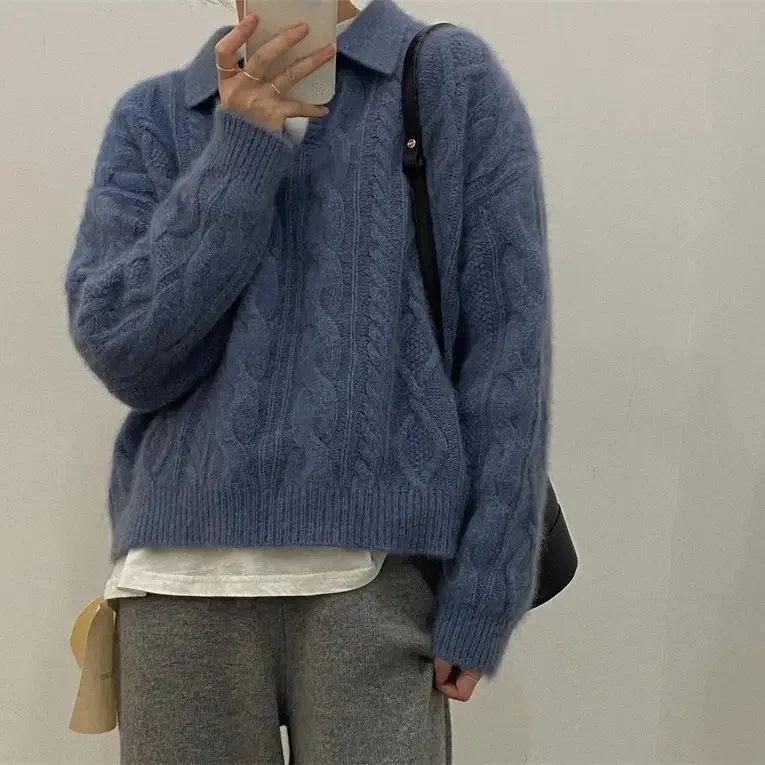 Women Full Sleeve Solid Sweaters Casual Thick Tops Polo Neck Knitted Pullovers Simple Loose Regular Splice Autumn Winter 2023