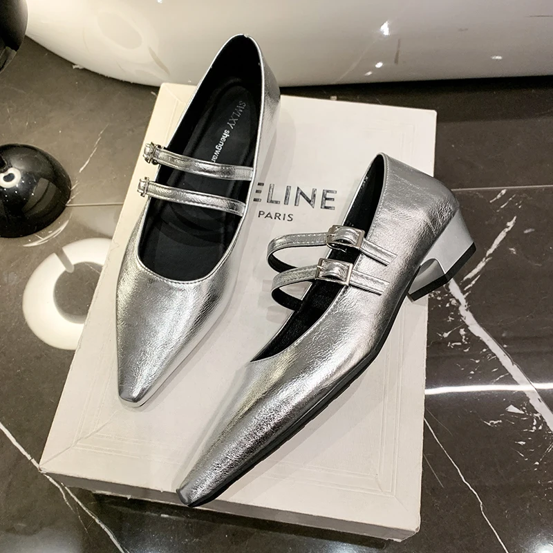 

Silver Slip-On Mary Janes Women's Mid Heel Commuter Shoes French Vintage Style Spring New Ladies Arrival Comfortable Rubber Sole