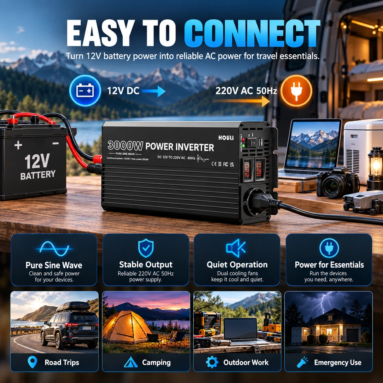 HOULI 3000W Peak Pure Sine Wave Power Inverter 12V 220V DC AC Voltage Converter for Car Van Motorhome Camping