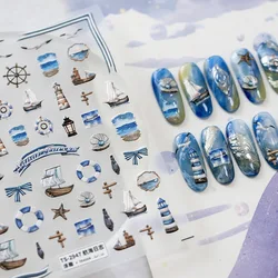 5D Realistic Relief Sailboat Life Buoy Anchor Watchtower Navigator Logbook Adhesive Nail Art Stickers Decals Manicure Charms