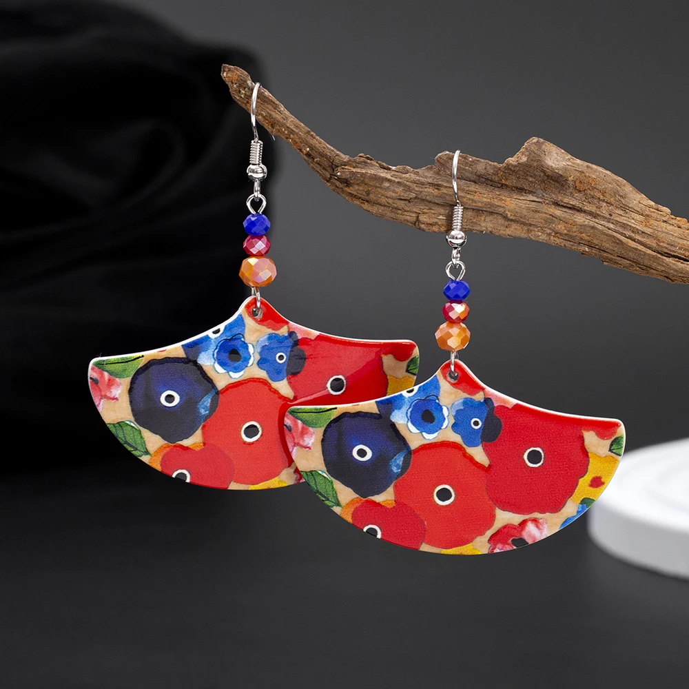 

New Trends Gorgeous Colorful Fanshaped Acrylic Earrings Women 2025 Elegant Fashion Glass Bead Jewelry Vintage Earrings Chinese