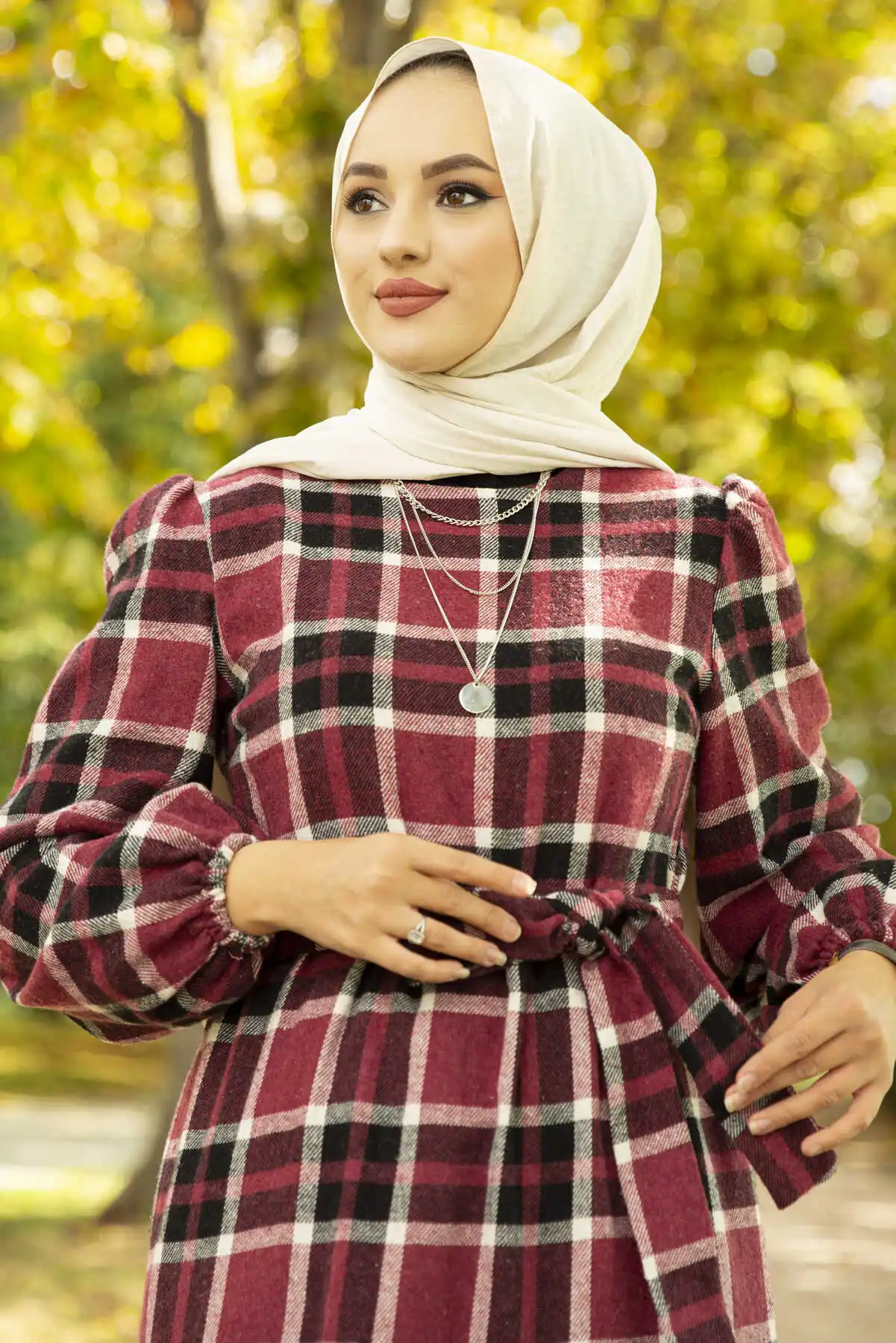 Hijab Plaid Pattern Woven Dress Fuchsia Winter Autumn 2021 Muslim Women Hijab headscarf Islamic Turkey