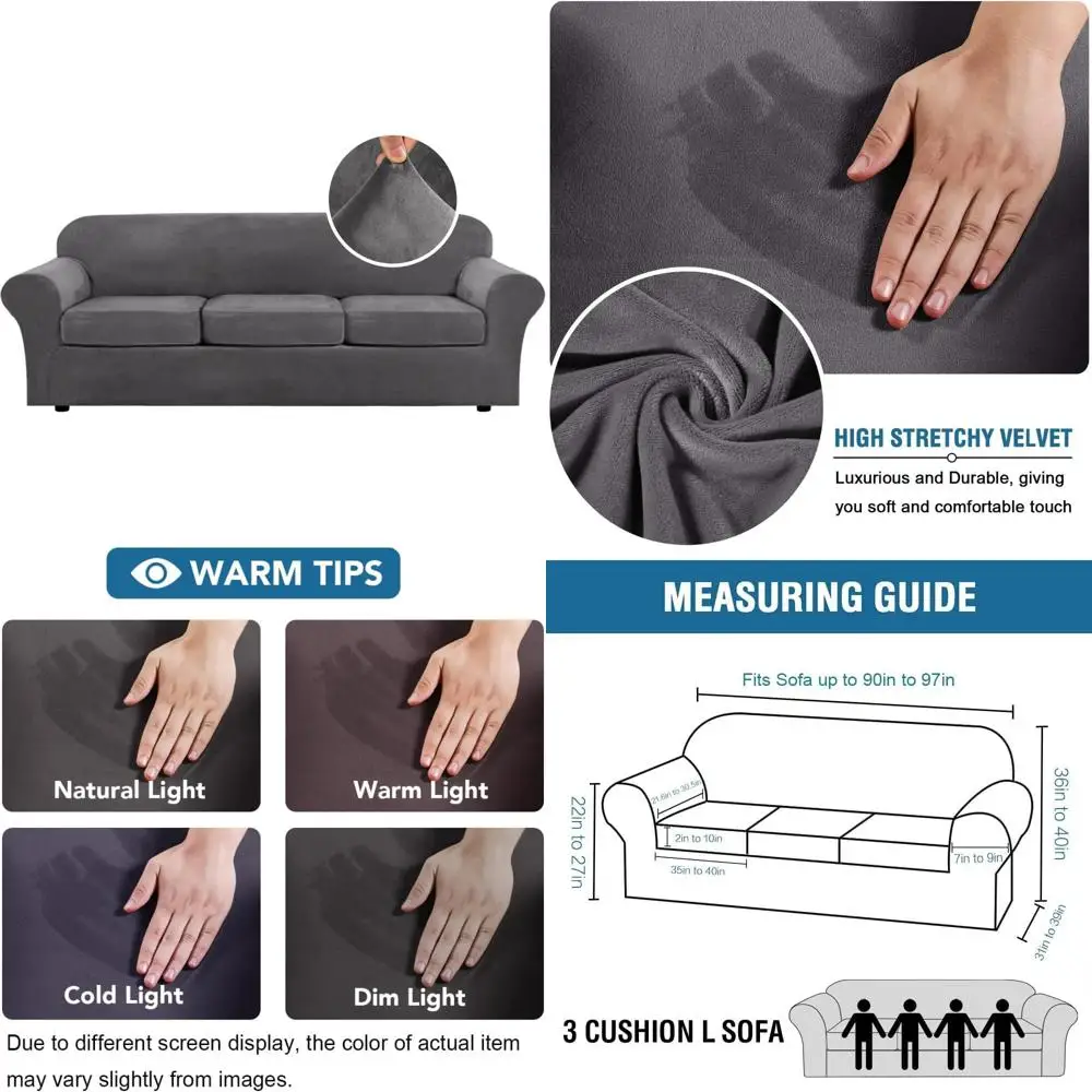 

High Stretch Velvet Sofa Slipcover - 4 Piece Extra Large Furniture Protector with Thick Velvet for Form Fit Comfort