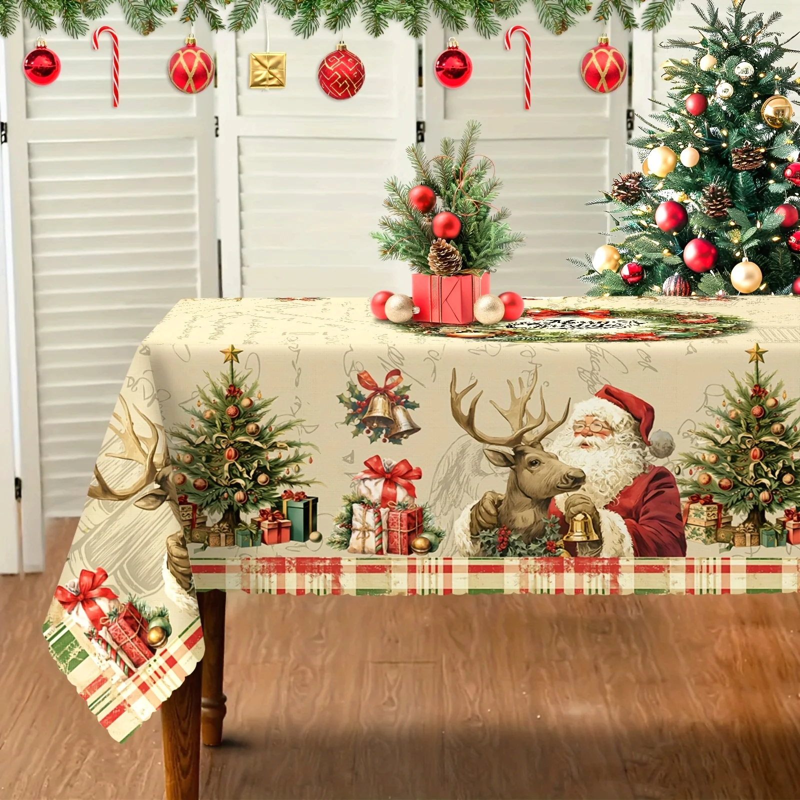 Merry Christmas Santa Reindeer Tablecloth for Table Decor Winter Xmas Tree Wreath Bell Dining Table Cloth Christmas Decorations